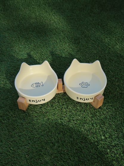 Cat‑Ear Ceramic Pet Bowl Duo [Yellow]