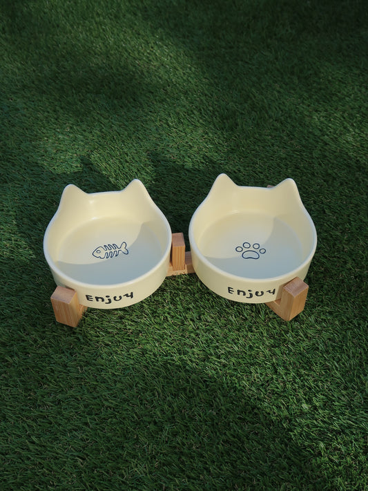 Cat‑Ear Ceramic Pet Bowl Duo [Yellow]