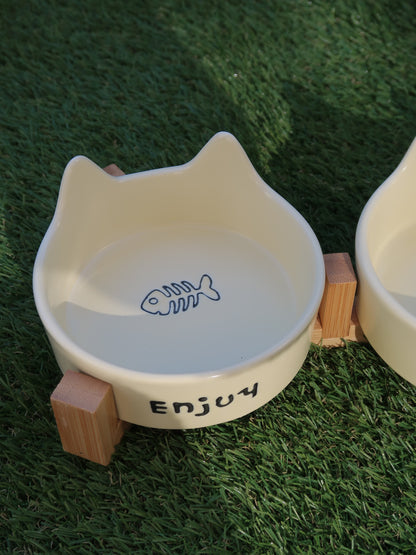 Cat‑Ear Ceramic Pet Bowl Duo [Yellow]
