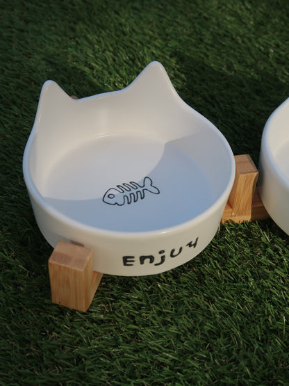 Cat‑Ear Ceramic Pet Bowl Duo [White]