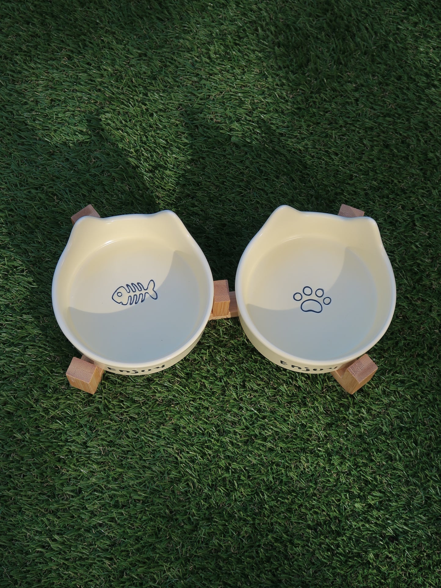 Cat‑Ear Ceramic Pet Bowl Duo [Yellow]