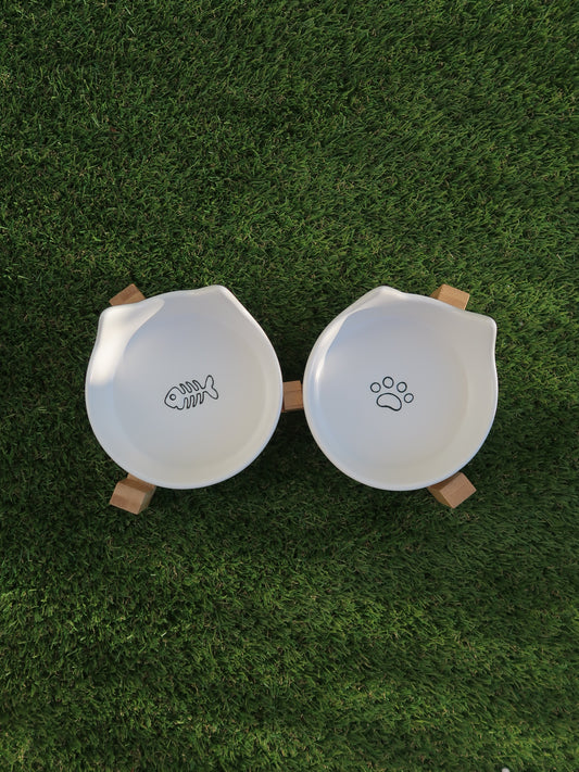Cat‑Ear Ceramic Pet Bowl Duo [White]