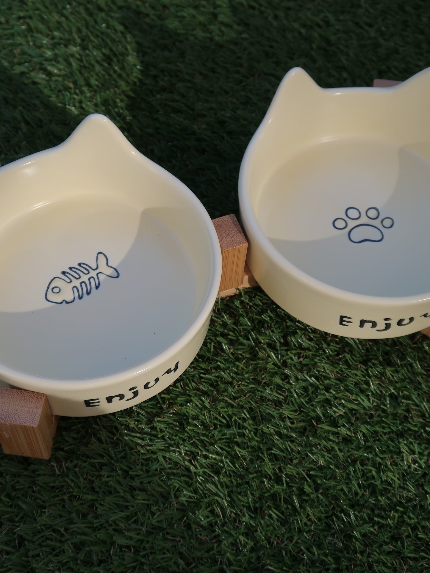 Cat‑Ear Ceramic Pet Bowl Duo [Yellow]