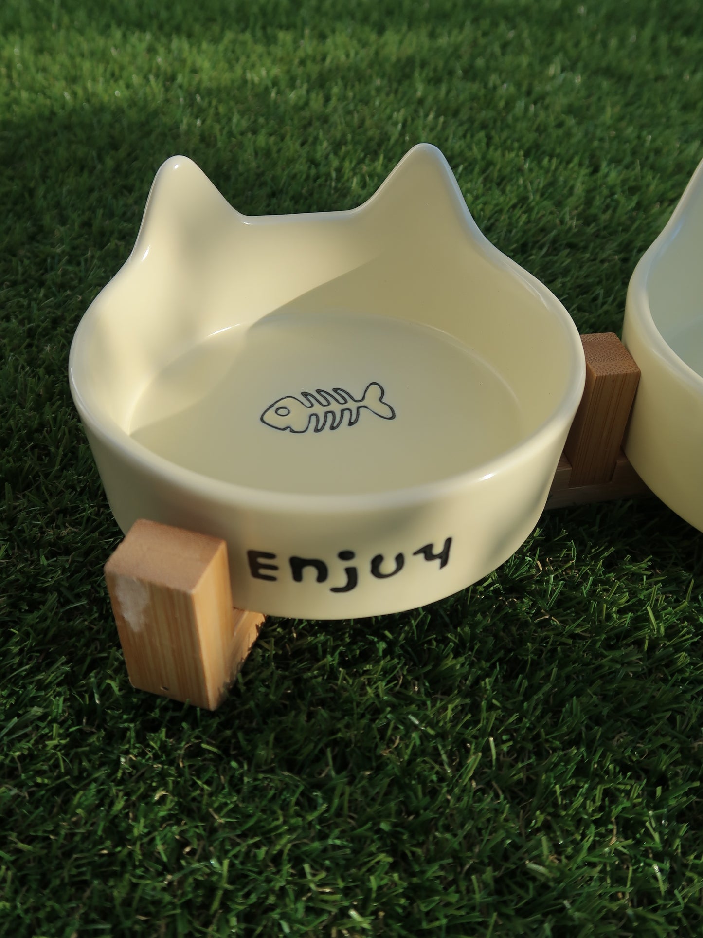 Cat‑Ear Ceramic Pet Bowl Duo [Yellow]