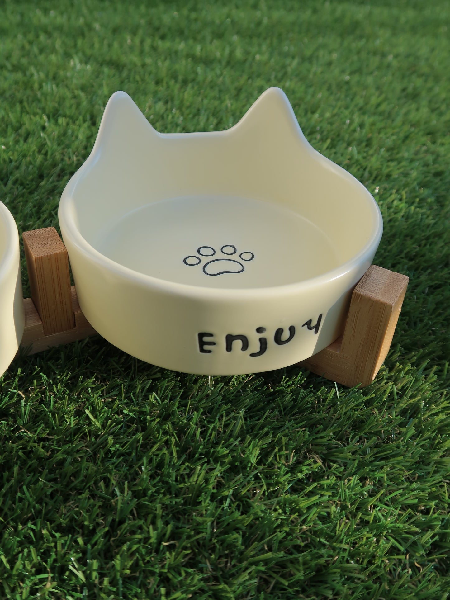 Cat‑Ear Ceramic Pet Bowl Duo [Yellow]