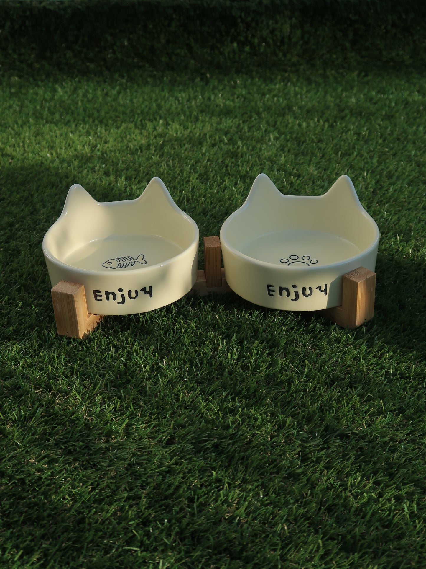 Cat‑Ear Ceramic Pet Bowl Duo [Yellow]