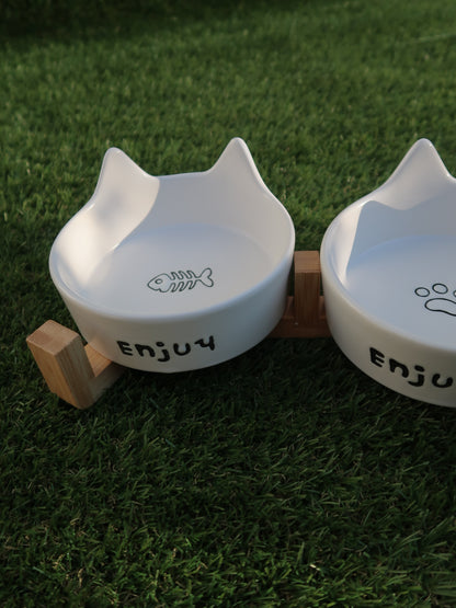 Cat‑Ear Ceramic Pet Bowl Duo [White]