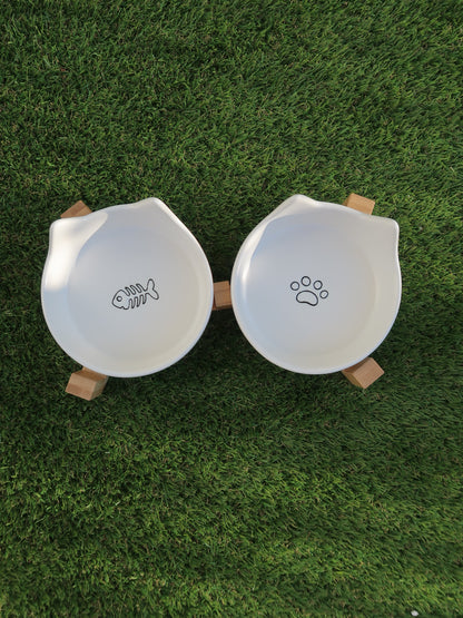 Cat‑Ear Ceramic Pet Bowl Duo [White]
