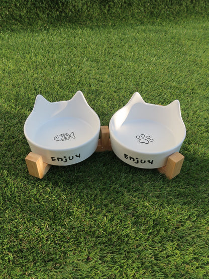 Cat‑Ear Ceramic Pet Bowl Duo [White]