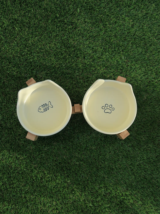 Cat‑Ear Ceramic Pet Bowl Duo [Yellow]
