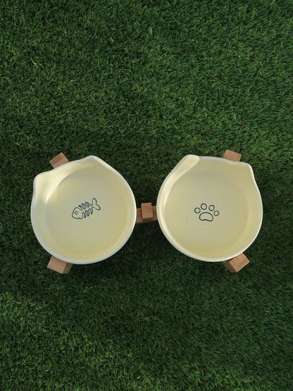 Cat‑Ear Ceramic Pet Bowl Duo [Yellow]