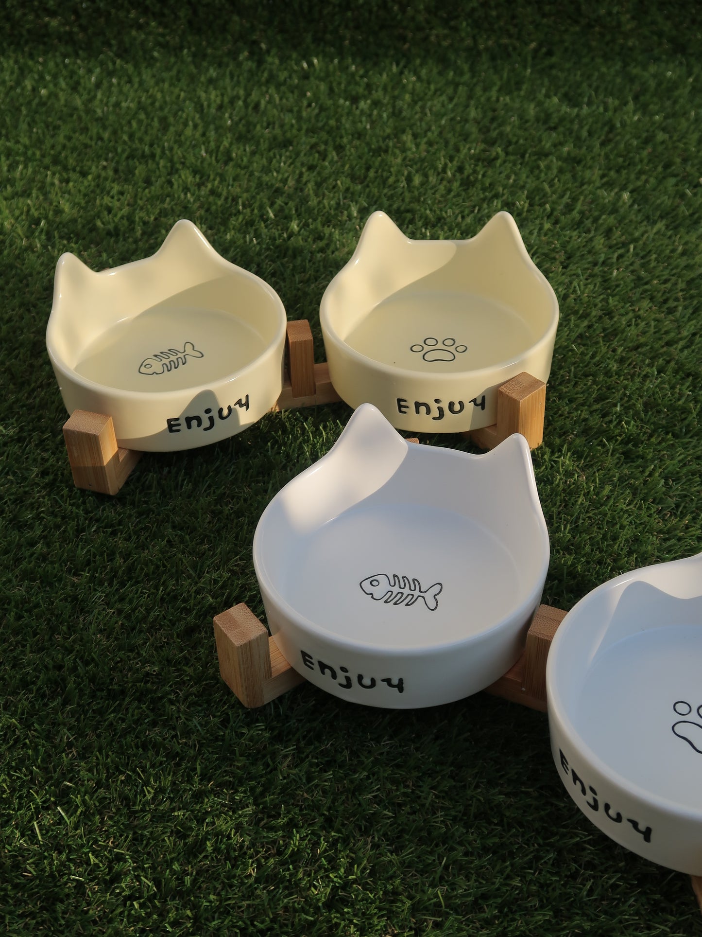 Cat‑Ear Ceramic Pet Bowl Duo [Yellow]