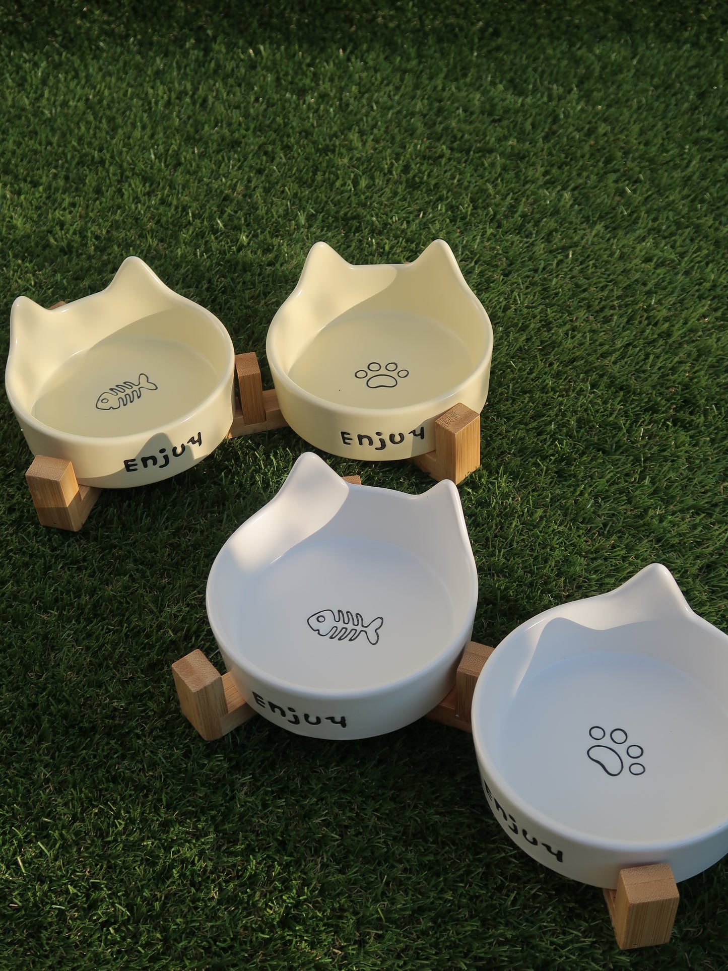 Cat‑Ear Ceramic Pet Bowl Duo [White]
